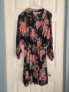 Billabong Navy Floral Button-Front Top with Pink and Yellow Leaves, Large
